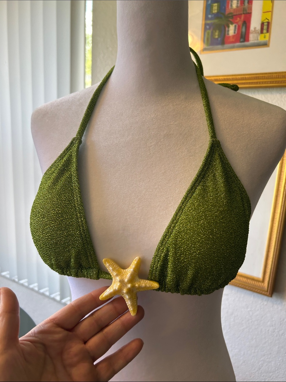 Glitter Olive Green Triangle Bikini Top with Star Accent